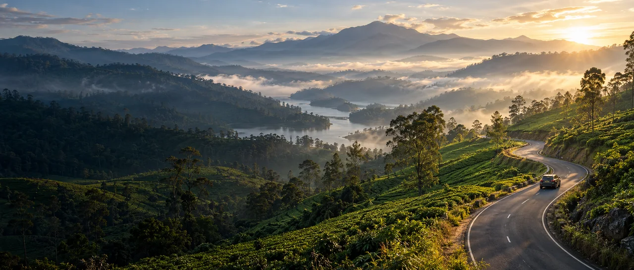 A private journey along a winding road through Sri Lanka's misty tea country