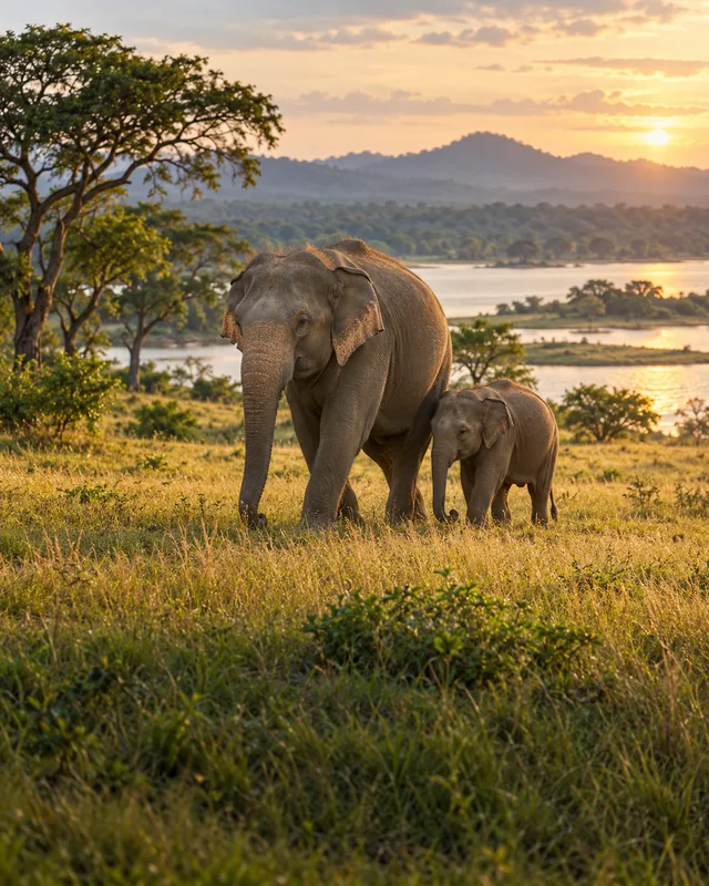 Wild Sri Lankan elephant mother and calf in their natural habitat
