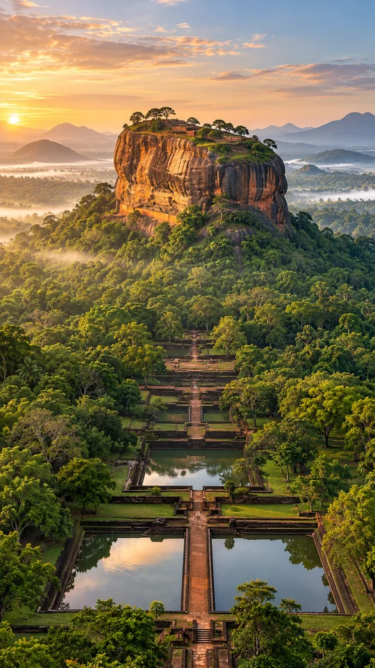 Water gardens and green grounds below Sigiriya Rock